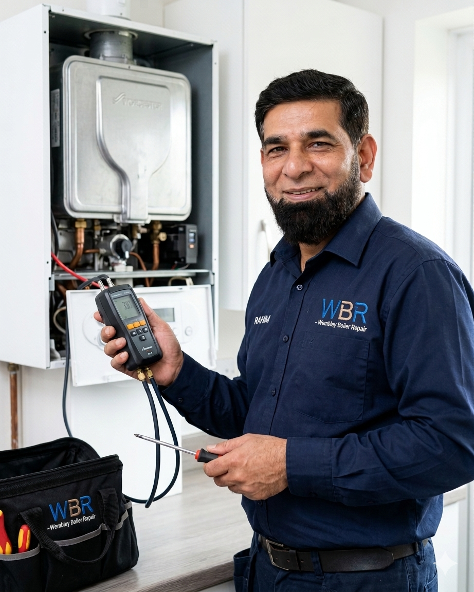 Jamil, Gas Safe registered combi boiler engineer in Wembley HA9, in branded WBR uniform holding a flue gas analyser at a wall-mounted combi boiler — ready for same-day call-outs